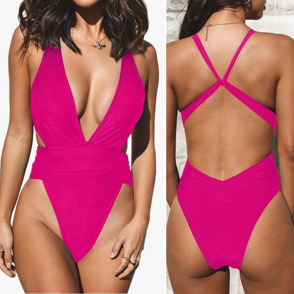 Cupshe Other - Women's Pink Deep V-Neck Back Cross Ruched High Cut One-Piece Swimsuit